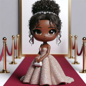 A 3-D realistic, light skin African-American chibi in an elegant...