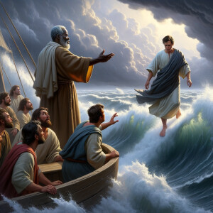 African-American Jesus telling Peter to come walk on the water,...