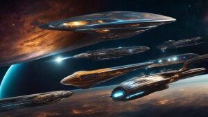 Many spaceships of different shapes and designs soar on orbit of...