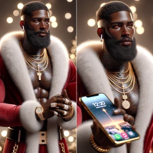 A full-body view of a hyper-realistic African American Santa Cla...