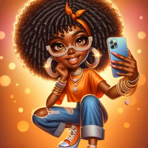 A glossy whimsical cartoon illustration of a curvy Afro-Centric...