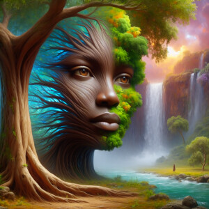 Create a hyper-realistic 3-D oil painting of a tree integrated w...