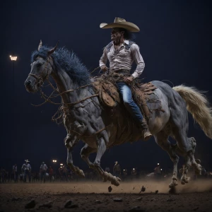 "Under the vast, open sky of Texas, a lively rodeo unfolds, aliv...