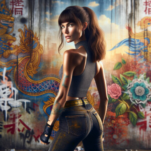 Athletic Thin skinny Attractive, Asian teenage girl, long brown hair and bangs, wearing tight skinny jeans and a halter top paint marks on her clothing, heroic pose Asian graffiti background, backside view