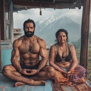 Photorealism,realism,A man muscular beefy sweaty doinga yoga sit...