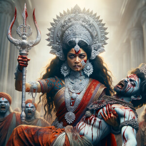 portrait of angry looking goddess durga cosplayer  carrying a mahishasur in her two arms and stabbing him with her amazingly designed trident. She is wearing a huge silver crown, red saree, abundant silver jewelry, covered in blood. The scene is set in ancient India. The image is 8K resolution, cinematic, ultra detailed face and epic.