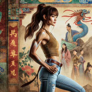 Very thin Athletic Thin skinny Attractive, Asian teenage girl, long brown hair and bangs, wearing tight skinny jeans and a halter top paint marks on her clothing, sitting side view heroic pose Asian graffiti