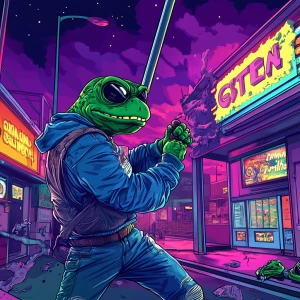 MEME PEPE in GTA art style - mid-swing with a large metal bat, c...