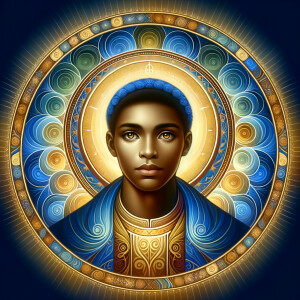 Create a beautiful African-American Jesus Christ with Hazel, brown eyes and blue and gold robe