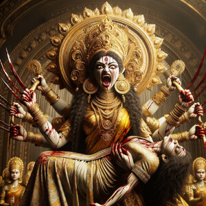 portrait of angry looking goddess durga  carrying a weak mahishasur in her two arms and stabbing him with her amazingly long red fingernails. She is wearing gold armor, a huge gold crown, gold saree, abundant  gold jewelry, covered in blood. The scene is set in ancient India. The image is 8K resolution, cinematic, ultra detailed face and epic.