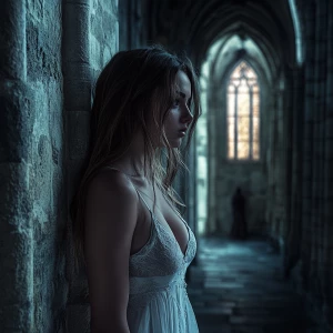 A dimly lit gothic cathedral hallway with intricate stone and we...