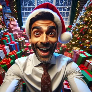 A man with neatly slicked-back flat brown hair dons a festive Sa...