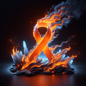 Black background. Orange Ribbon for CRPS Awareness. Engulfed in...