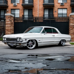 1962 white Chevrolet Impala,  lowrider, spoke rims, brick apartm...