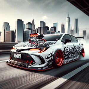 Toyota Corolla 1018, blood red rims, whit color car, black hood...
