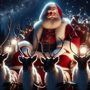 Santa Claus his luminous sleigh and eight reindeer center stage...