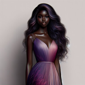 Black females age 20 years old wearing a purple and pink dress....