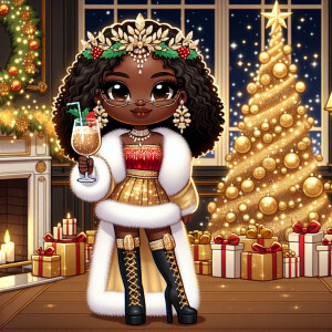 “A 300dpi chibi-style illustration of a melanin-rich African Ame...