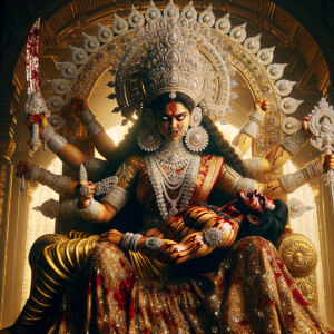 portrait of angry looking goddess durga, sitting on a gold crown and carrying a weak mahishasur on her lap. She is wearing diamond armor, a huge diamond crown, red saree, abundant diamond jewelry, covered in blood. The scene is set in ancient India. The image is 8K resolution, cinematic, ultra detailed face and epic.