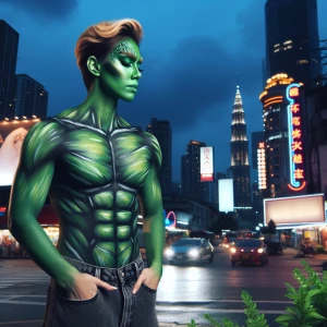 Hollywood make-up, a woman  painted to look She-Hulk, urban cine...