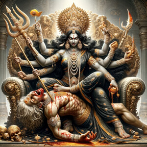 portrait of angry looking goddess durga sitting on a gold crown and carrying a weak mahishasur on her lap and stabbing him with her amazingly designed trident. She is wearing a huge diamond crown, black saree, abundant diamond jewelry, covered in blood. The scene is set in ancient India. The image is 8K resolution, photograph, cinematic, ultra detailed face and epic.