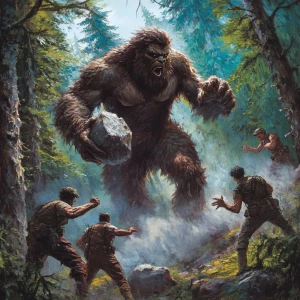 Six men pursue a humanoid sasquatch, approximately 7-8 feet tall...