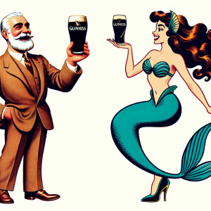 Armenian man with pint Guinness in hand, mermaid girl heel