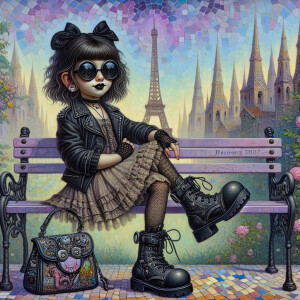 A whimsical young girl with dark brown hair, sunglasses in goth...