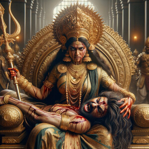 portrait of angry looking goddess durga sitting on a gold crown and carrying a weak mahishasur on her lap and stabbing him with her amazingly designed trident. She is wearing gold armor, a huge gold crown, gold saree, abundant  gold jewelry, covered in blood. The scene is set in ancient India. The image is 8K resolution, cinematic, ultra detailed face and epic.