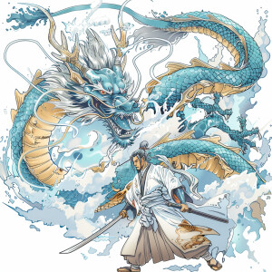 Outlined image of aqua blue eyed Chinese dragon with the main co...