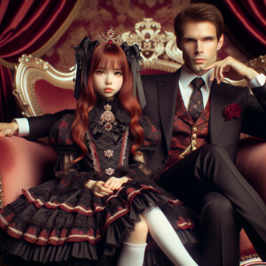 Lilith as a girl with elegant gothic lolita dress sit on the lap of handsome lucifer, the girl has red hair and golden eyes, thrones, red elegant luxury background