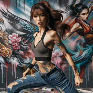 Athletic Thin skinny Attractive, Asian teenage girl, long brown hair and bangs, wearing tight skinny jeans and a halter top paint marks on her clothing, heroic pose Asian graffiti background