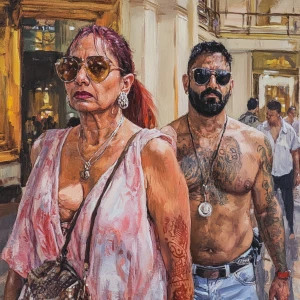Realism.A sweaty man walking with his mother in law with noseri...