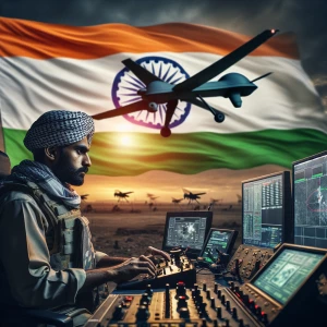 A soldier operating a drone against a backdrop of the Indian nat...