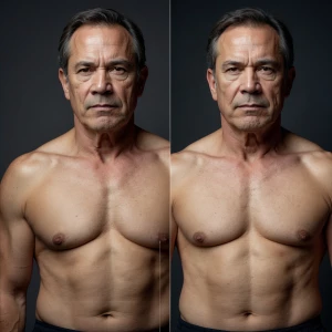 Create a side-by-side whole body image of a man in his mid-forti...