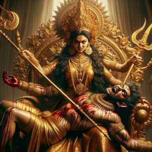 portrait of angry looking goddess durga sitting on a gold crown and carrying a weak mahishasur on her lap and stabbing him with her amazingly designed trident. She is wearing gold armor, a huge gold crown, gold saree, abundant  gold jewelry, covered in blood. The scene is set in ancient India. The image is 8K resolution, cinematic, ultra detailed face and epic.