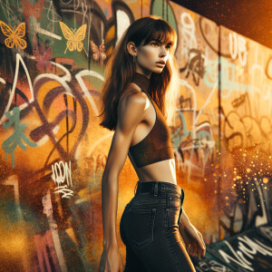 Athletic Thin skinny Attractive, Asian teenage girl, long brown hair and bangs, wearing tight skinny jeans and a halter top paint marks on her clothing, heroic pose Asian graffiti background, backside view