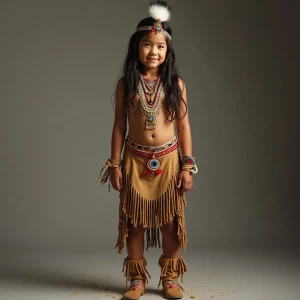 A Native American teenage girl dressed in traditional tribal att...