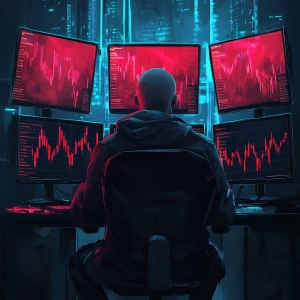 a sad Wojak character sitting in front of multiple monitors with...