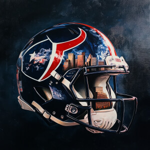 Houston Texans helmet, Houston skyline behind the helmet.