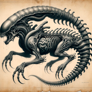 Extraterrestrial creature anatomical graphite illustration on bl...