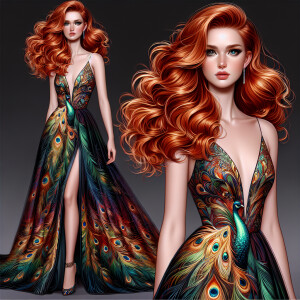Photorealistic image of ginger haired woman attending gala in pe...