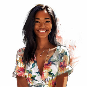 A cute woman

Smiling 

Clothes: Floral Dress

Looks Clean & Mod...