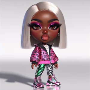 Create an ultra-realistic, ultra-glossy chibi-style character with a rich African American skin tone and brown eyes. The character has sleek, platinum blonde and pink gradient hair, full glossy pink lips, and dramatic makeup with vibrant pink eye shadow. The outfit features a neon pink leopard print cropped jacket, metallic green and black zebra-striped joggers, and chunky sneakers with metallic accents. The design is bold, stylish, and high-fashion, with no background