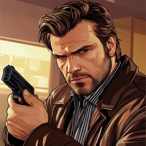 Create an image of a male character with medium-length, light br...