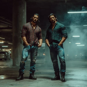 Scene Description:
Two rugged men stand confidently in a dimly l...