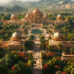an ultra-HD, bird's-eye view image of a grand palace belonging t...