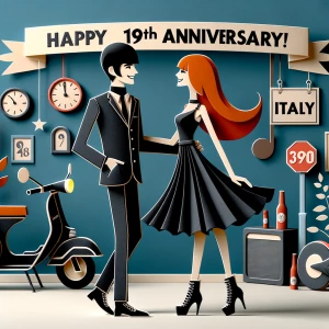 ‘Happy 19th Anniversary!’ Written
A 60s mod vibe with a tan male...