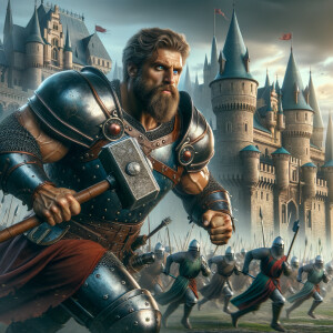 A big strong man wielding a two handed hammer, rushing into batt...
