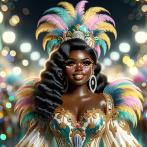 Create a 3-D  vivid full-body view of a colorful glossy hyper-realistic oil painting of a detailed illustration full length photo single image of a beautiful African-American caramel skinned woman plus sized, with long, black, wavy hair, her make up is airbrushed and flawless, she is dressed in a white, teal and yellow large, elaborate, elegant, very detailed carnival costume with colorful African-American pink, blue, gold yellow green feathers, flawless makeup, prominent lashes, black peep toe heels, white pixie hair, background bokeh, she is stunning and smiling, digital art.